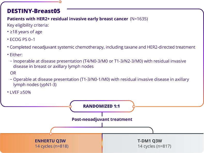 The DESTINY-Breast09 trial (N=1157), a head-to-head study of ENHERTU (n=383), THP: taxane for greater or equal to 6 cycles + trastuzumab + pertuzumab Q3W (n=387), and ENHERTU + placebo IQ Q3W (n=387)