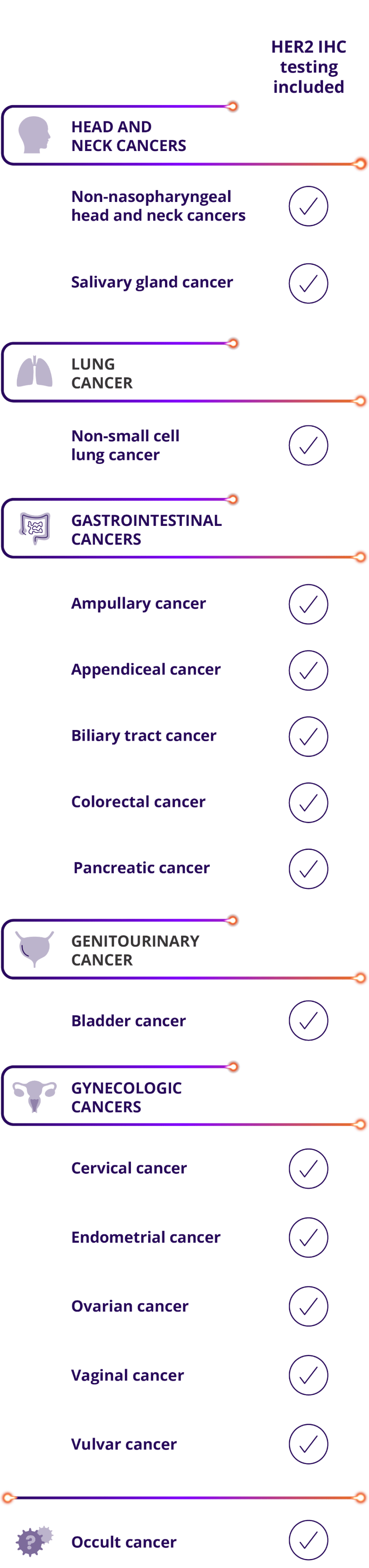 Fam-trastuzumab deruxtecan-nxki (ENHERTU) is recommended in NCCN Guidelines® across multiple metastatic solid tumors, including head and neck cancers: non-nasopharyngeal head and neck cancers, salivary gland cancer; lung cancer: non-small cell lung cancer; gastrointestinal cancers: ampullary cancer, appendiceal cancer, biliary tract cancer, colorectal cancer, pancreatic cancer; genitourinary cancer: bladder cancer; gynecologic cancers: endometrial cancer, cervical cancer, ovarian cancer, vaginal cancer, vulvar cancer; occult cancers.