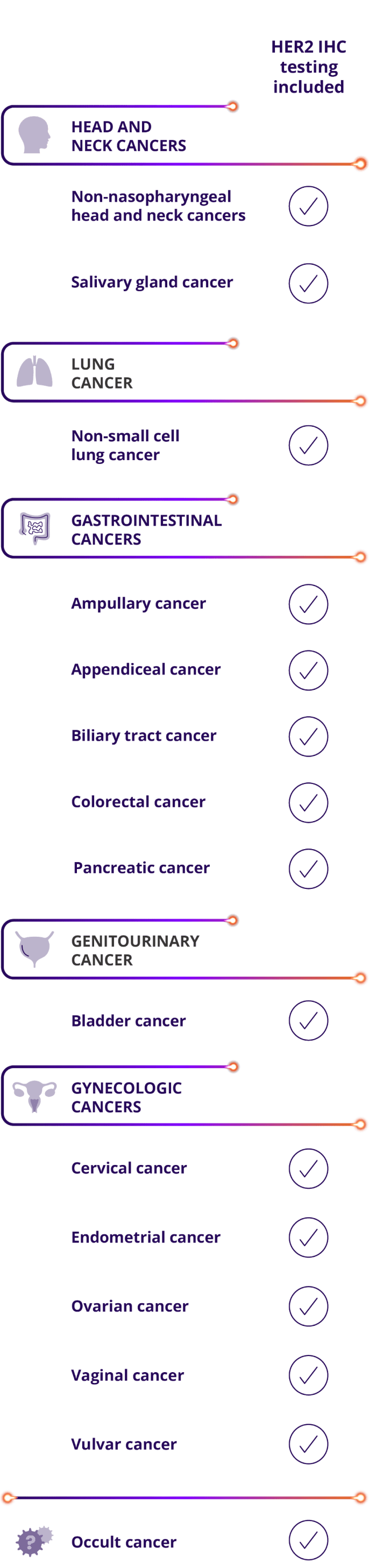 Fam-trastuzumab deruxtecan-nxki (ENHERTU) is recommended in NCCN Guidelines® across multiple metastatic solid tumors, including head and neck cancers: non-nasopharyngeal head and neck cancers, salivary gland cancer; lung cancer: non-small cell lung cancer; gastrointestinal cancers: ampullary cancer, appendiceal cancer, biliary tract cancer, colorectal cancer, pancreatic cancer; genitourinary cancer: bladder cancer; gynecologic cancers: endometrial cancer, cervical cancer, ovarian cancer, vaginal cancer, vulvar cancer; occult cancers.