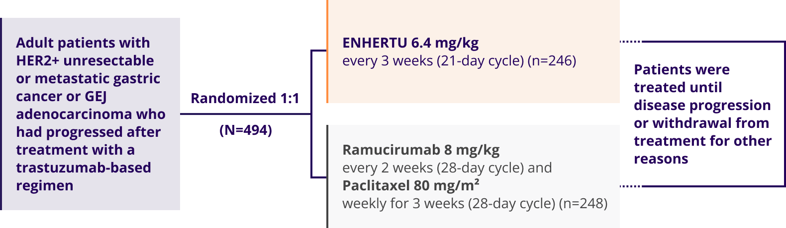 DESTINY-Gastric02 trial design in adult patients in the United States, Italy, United Kingdom, Belgium, and Spain, single arm (N=79), ENHERTU 6.4 mg/kg once every 3 weeks (21-day cycle), treated until disease progression or unacceptable toxicity