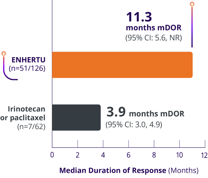 Median duration of response of ENHERTU (11.3 months) vs irinotecan or paclitaxel (3.9 months) from DESTINY-Gastric01