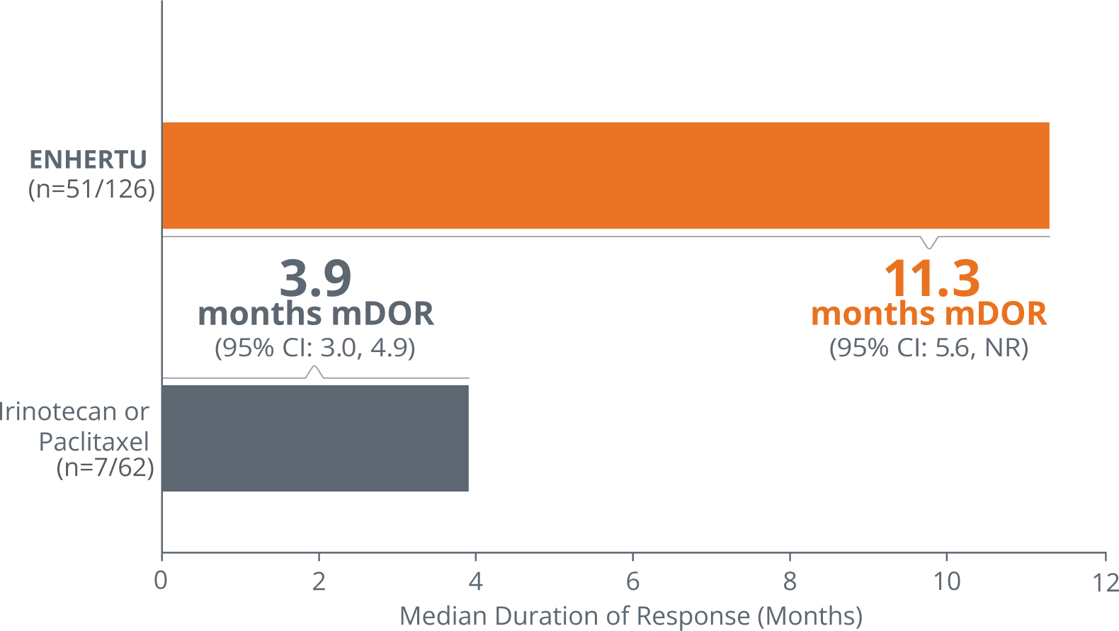 Median duration of response of ENHERTU (11.3 months) vs irinotecan or paclitaxel (3.9 months) from DESTINY-Gastric01