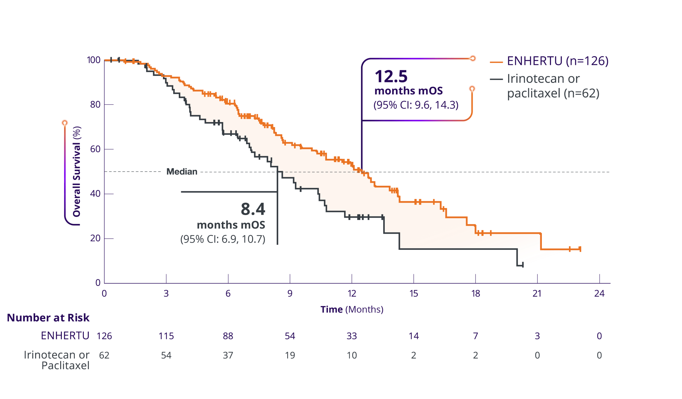 Superior overall survival of ENHERTU (12.5 months) vs irinotecan or paclitaxel (8.4 months) from DESTINY-Gastric01 