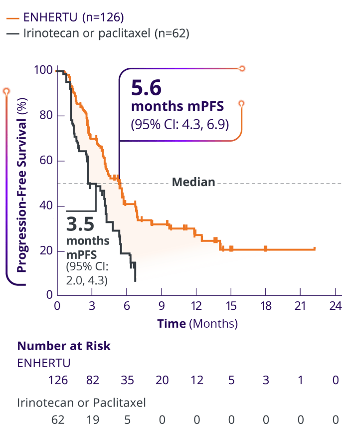 Confirmed median progression-free survival of ENHERTU (5.6 months) vs irinotecan or paclitaxel (3.5 months) from DESTINY-Gastric01