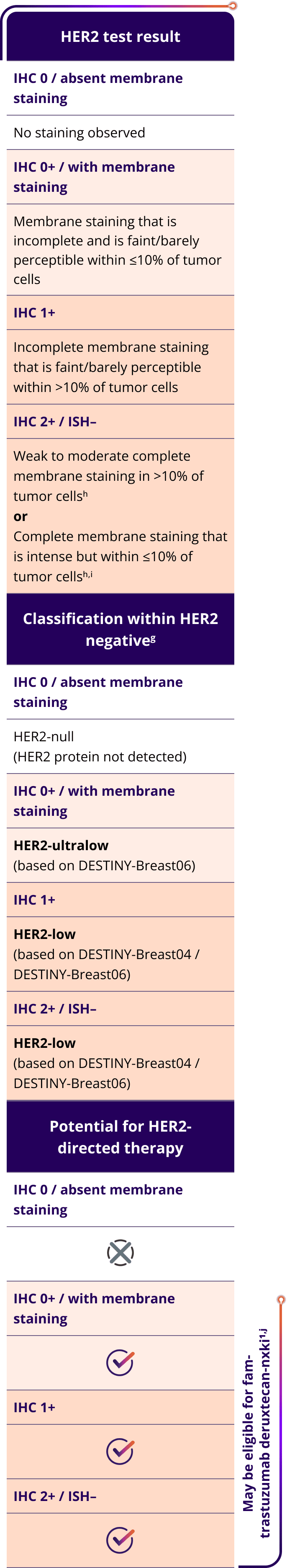 ˜Approximately 85%-90% of patients with HR+/HER2-negative mBC may have actionable levels of HER2 expression:  HER2-low (IHC 1+ or IHC 2+/ISH–) or HER2-ultralow (IHC 0 with membrane staining).
