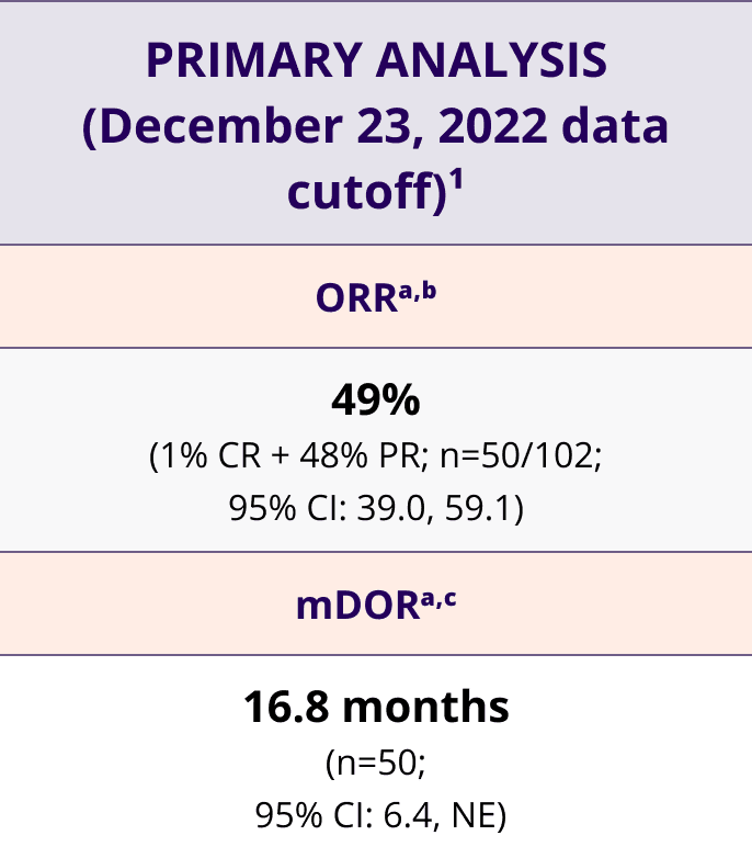 Confirmed ORR (49%), mDOR (16.8 months), DCR (93.1 %), mPFS (9.9 months) and mOS (19.5 months) of ENHERTU from the primary analysis (December 23, 2022 data cutoff) data in DESTINY-Lung02