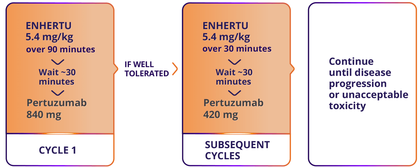 Cycle 1 of ENHERTU infusion for 1L HER2+ mBC: 5.4 mg/kg over 90 minutes, wait ~30 minutes, then pertuzumab 840 mg. If well tolerated, subsequent cycles: 5.4 mg/kg over 30 minutes, wait ~30 minutes, then pertuzumab 420 mg. Continue until disease progression or unacceptable toxicity.