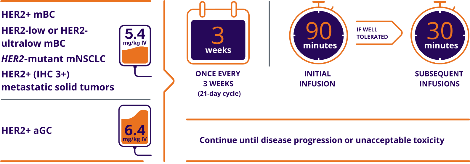 Dosing schedule for ENHERTU. 5.4 mg/kg IV for HER2+ mBC, HER2-low or HER2-ultralow mBC, HER2-mutant mNSCLC, and HER2+ (IHC 3+) metastatic solid tumors; 6.4 mg/kg IV for HER2+ aGC. Once every 3 weeks (21-day cycle). 90 minutes initial infusion; if well tolerated, 30 minutes subsequent infusions. Continue until disease progression or unacceptable toxicity.