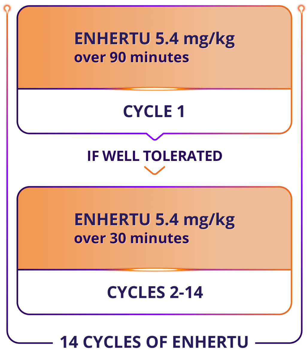 Cycle 1 of ENHERTU infusion for post-neoadjuvant HER2+ eBC: 5.4 mg/kg over 90 minutes. If well tolerated, cycles 2-14: 5.4 mg/kg over 30 minutes (14 total cycles of ENHERTU).